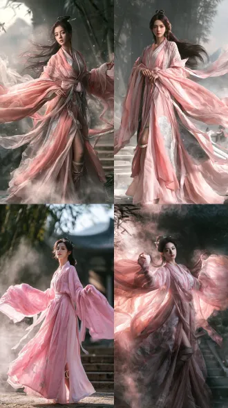 真人写实摄影的仙侠美人全身照，中国仙侠 fantasy 风格。一位年轻成年东方女性，仙人装扮。单人单幅，从头到脚完整入镜，人物站在画面正中，头顶与脚底留出均匀留白。85mm 镜头，浅景深，柔和的自然侧光。 仙气（重点）：画面通透有空灵感，薄雾缭绕，她衣袂飘飘、广袖与长发在风中飞舞，身周有淡淡的灵雾与浮动的微光粒子。 配色：衣裙是玫瑰粉与浅粉色，头发是深紫褐色，两者明度对比强烈。深色的头发把粉色衣裙衬得更干净，也让面部更突出。 面部：轮廓柔和流畅的鹅蛋脸，脸颊自然饱满，既不过分成熟、也不稚气；皮肤洁白、瓷白、白皙透亮，有原生肤质与细腻毛孔；眼睛清澈有神、眼中有自然高光；眉形自然，唇色浅玫瑰。她微微歪着头、嘴角轻扬带一点俏皮笑意，神态松弛灵动。 发型：及腰深紫褐色长发（深栗偏紫），古典发髻高高挽起，额前与脸颊清爽无遮挡，鬓边一对青瓷玉花簪。 身形：身形纤细，肩背单薄，站姿轻盈。 服装：飘逸的玫瑰粉与浅粉色仙人长裙，广袖轻纱，裙裾层叠，飘带在风中飞舞；裙身有月白与浅青云纹刺绣；裙摆侧边一道长缝，缝旁一枚宽腿环。 环境：仙境般的古典庭院，竹影、石阶、薄雾与远山，空气通透。