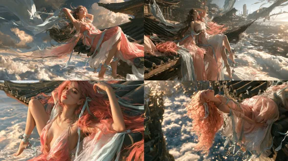 right-side composition, upper third focus. a beautiful 18-year-old chinese xianxia fairy girl sitting on the edge of an ancient tiled roof with flying eaves, arching backward in a lazy, elegant stretch, long coral-pink hair and pale blue silk ribbons floating in the wind. she is looking up at the camera with a playful, mischievous smirk, sparkling teasing eyes, youthful and sweet. she wears flowing translucent pink-to-white gradient silk robes with pale blue ribbons and fine gold trim. her feet dangle down over a rolling sea of clouds, small silver bells tied at her ankles tinkling as she lightly taps the cloud surface, creating glowing ripples. warm late-afternoon light, volumetric god rays, floating glowing particles, unreal engine 5 render, ray tracing, cinematic lighting, ultra-detailed, 8k, photorealistic, breathtaking xianxia aesthetic.