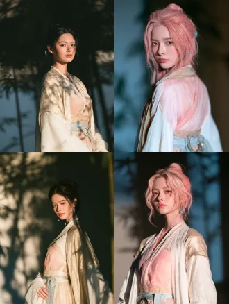 cinematic beauty portrait, romantic chinese xianxia film still. 洛樱仪，一位十八岁的修仙宗门少女，灵动俏皮、眉眼间带着一点不媚不俗的娇气。 柔润的小鹅蛋脸，饱满面颊，圆柔下颌，淡而舒展的弯眉，眼尾微扬的清澈杏眼，深棕瞳孔，小巧圆润的鼻尖，柔软淡粉唇，细腻瓷白肌肤，不成熟、不稚气。 浓密珊瑚粉色长发挽成古典高髻，额前与脸颊清爽无遮挡，鬓边一对青瓷玉花簪。 淡粉与粉白渐变唐风齐胸襦裙，裙缘织细窄金纹，外罩月白宽袖薄罗衫，肩头搭淡金半透明披帛，腰系淡蓝丝绦，腿侧一枚宽腿环。 侧面轮廓半身，面容呈四分之三侧面、下颌线条柔和清晰，目光看向画面外侧，唇角带一点若有所思的浅笑。冷青侧光沿鼻梁与下颌划出细亮轮廓，高髻与玉簪形成饱满剪影，粉白衣料在暗处保留真实纹理，背景竹影与薄雾层层递远。焦点落在可见的那只眼睛。not text, no watermark. not text, no watermark.