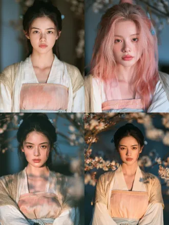 cinematic beauty portrait, romantic chinese xianxia film still. 洛樱仪，一位十八岁的修仙宗门少女，灵动俏皮、眉眼间带着一点不媚不俗的娇气。 柔润的小鹅蛋脸，饱满面颊，圆柔下颌，淡而舒展的弯眉，眼尾微扬的清澈杏眼，深棕瞳孔，小巧圆润的鼻尖，柔软淡粉唇，细腻瓷白肌肤，不成熟、不稚气。 浓密珊瑚粉色长发挽成古典高髻，额前与脸颊清爽无遮挡，鬓边一对青瓷玉花簪。 淡粉与粉白渐变唐风齐胸襦裙，裙缘织细窄金纹，外罩月白宽袖薄罗衫，肩头搭淡金半透明披帛，腰系淡蓝丝绦，腿侧一枚宽腿环。 特写人像，脸部完整占画面主体，额前与脸颊清爽无遮挡，眼睛大而明亮、眼中有自然高光，唇色浅玫瑰，皮肤白皙通透、可见细腻毛孔与微小雀斑般的自然痕迹。柔和高光溢出，冷蓝灰环境与少量朱砂暖光，浅景深，背景花枝完全失焦成柔和色块，焦点落在双眼。not text, no watermark. not text, no watermark.