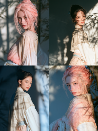 cinematic beauty portrait, romantic chinese xianxia film still. 洛樱仪，一位十八岁的修仙宗门少女，灵动俏皮、眉眼间带着一点不媚不俗的娇气。 柔润的小鹅蛋脸，饱满面颊，圆柔下颌，淡而舒展的弯眉，眼尾微扬的清澈杏眼，深棕瞳孔，小巧圆润的鼻尖，柔软淡粉唇，细腻瓷白肌肤，不成熟、不稚气。 浓密珊瑚粉色长发挽成古典高髻，额前与脸颊清爽无遮挡，鬓边一对青瓷玉花簪。 淡粉与粉白渐变唐风齐胸襦裙，裙缘织细窄金纹，外罩月白宽袖薄罗衫，肩头搭淡金半透明披帛，腰系淡蓝丝绦，腿侧一枚宽腿环。 侧面轮廓半身，面容呈四分之三侧面、下颌线条柔和清晰，目光看向画面外侧，唇角带一点若有所思的浅笑。冷青侧光沿鼻梁与下颌划出细亮轮廓，高髻与玉簪形成饱满剪影，粉白衣料在暗处保留真实纹理，背景竹影与薄雾层层递远。焦点落在可见的那只眼睛。not text, no watermark. not text, no watermark.