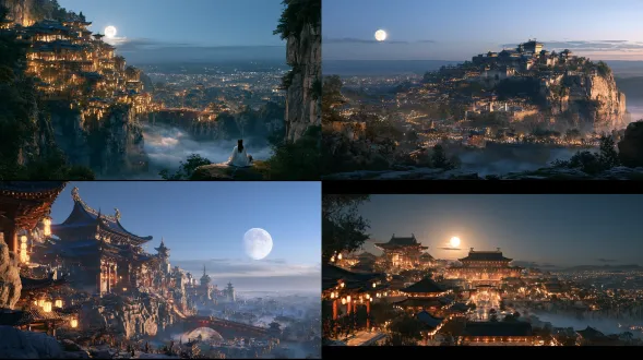 epic wide night view, a colossal chinese xianxia complex on a cliff top, rows of last night lanterns glowing warm gold along every eave, a full moon behind thin cloud, cool celadon mist at the base and warm rim light on the vermilion bridge. four depth planes from near lantern-lit eaves to far city roofs and empty night sky. immortal-era timber architecture: dense bracket sets, upturned flying rafters, peacock-blue glazed tiles, vermilion columns, broad double-eaved roof with gilded ridge and chiwen ridge-beasts, wide and flat, never a spire. palette: polished crimson lacquer timber, gold strictly as line one tenth of the frame, white marble as bright ground; detail only on ridges and eave tips. night, lantern light and moonlight only, volumetric god rays replaced by soft lantern glow, cool celadon mist, high-key and readable. cinematic fantasy architectural photography, layered atmospheric perspective. not an isolated building, not a miniature. no illustration, no anime, no 3d render.