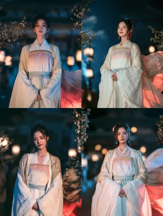 cinematic beauty portrait, romantic chinese xianxia film still. 洛樱仪，一位十八岁的修仙宗门少女，灵动俏皮、眉眼间带着一点不媚不俗的娇气。 柔润的小鹅蛋脸，饱满面颊，圆柔下颌，淡而舒展的弯眉，眼尾微扬的清澈杏眼，深棕瞳孔，小巧圆润的鼻尖，柔软淡粉唇，细腻瓷白肌肤，不成熟、不稚气。 浓密珊瑚粉色长发挽成古典高髻，额前与脸颊清爽无遮挡，鬓边一对青瓷玉花簪。 淡粉与粉白渐变唐风齐胸襦裙，裙缘织细窄金纹，外罩月白宽袖薄罗衫，肩头搭淡金半透明披帛，腰系淡蓝丝绦，腿侧一枚宽腿环。 全身立姿，正面朝向镜头，双脚自然并拢，双手在腹前轻握，下颌略抬，眉眼含笑、唇角扬起，神态松弛清新。人物位于画面正中，头顶与脚底留出均匀留白，两侧展开被风吹斜的海棠花枝与远处宫灯。 冷青夜光照亮面容与薄罗衫，粉裙缘映出温暖红光，披帛被风拉向身后。焦点落在面容，服装轮廓完整清楚，面部透视自然。not text, no watermark.
