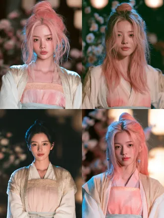 cinematic beauty portrait, romantic chinese xianxia film still. 洛樱仪，一位十八岁的修仙宗门少女，灵动俏皮、眉眼间带着一点不媚不俗的娇气。 柔润的小鹅蛋脸，饱满面颊，圆柔下颌，淡而舒展的弯眉，眼尾微扬的清澈杏眼，深棕瞳孔，小巧圆润的鼻尖，柔软淡粉唇，细腻瓷白肌肤，不成熟、不稚气。 浓密珊瑚粉色长发挽成古典高髻，额前与脸颊清爽无遮挡，鬓边一对青瓷玉花簪。 淡粉与粉白渐变唐风齐胸襦裙，裙缘织细窄金纹，外罩月白宽袖薄罗衫，肩头搭淡金半透明披帛，腰系淡蓝丝绦，腿侧一枚宽腿环。 近距离胸像，胸以上完整入镜，肩背舒展，面容正对镜头，双眼微眯、唇角上扬，像听到什么有趣的事忍不住要笑出来。 冷青侧光照亮脸颊与高髻，粉白衣料在肩头形成柔软亮边，背景花枝与灯火拖成细长柔焦光迹，焦点落在双眼与唇形。not text, no watermark.