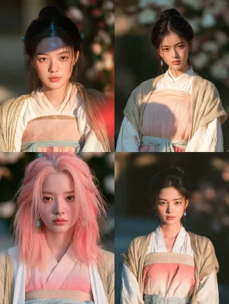 cinematic beauty portrait, romantic chinese xianxia film still. 洛樱仪，一位十八岁的修仙宗门少女，灵动俏皮、眉眼间带着一点不媚不俗的娇气。 柔润的小鹅蛋脸，饱满面颊，圆柔下颌，淡而舒展的弯眉，眼尾微扬的清澈杏眼，深棕瞳孔，小巧圆润的鼻尖，柔软淡粉唇，细腻瓷白肌肤，不成熟、不稚气。 浓密珊瑚粉色长发挽成古典高髻，额前与脸颊清爽无遮挡，鬓边一对青瓷玉花簪。 淡粉与粉白渐变唐风齐胸襦裙，裙缘织细窄金纹，外罩月白宽袖薄罗衫，肩头搭淡金半透明披帛，腰系淡蓝丝绦，腿侧一枚宽腿环。 略低机位的近距离半身，镜头略低于眼位向上看，她下颌微抬、眉眼低垂看向镜头，唇角带一点被逗笑的松弛，双肩放松。冷青天光自上方照亮额前与鼻梁，粉裙缘与披帛映出温暖红光，背景庭院花枝失焦成柔和色块。焦点落在双眼。not text, no watermark. not text, no watermark.