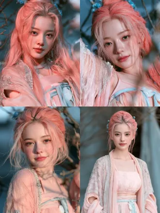 cinematic beauty portrait, romantic chinese xianxia film still. 洛樱仪，一位十八岁的修仙宗门少女，灵动俏皮、眉眼间带着一点不媚不俗的娇气。 柔润的小鹅蛋脸，饱满面颊，圆柔下颌，淡而舒展的弯眉，眼尾微扬的清澈杏眼，深棕瞳孔，小巧圆润的鼻尖，唇形小巧清晰、唇色浅粉，细腻瓷白肌肤，不成熟、不稚气。 浓密珊瑚粉色长发挽成古典高髻，额前与脸颊清爽无遮挡，鬓边一对青瓷玉花簪。 身穿淡粉与月白渐变的交领仙侠裙：外层淡粉轻纱广袖衫，覆肩臂外侧、臂弯镂空，纱质通透，上有银色暗纹云纹刺绣，襟边缀珍珠；内层淡粉抹胸式短上衣，细肩带、肩背外显，下身高腰短襦露腰线，配及地大开衩长裙，腰系淡蓝丝绦配白玉佩，腿侧一枚宽腿环。衣物质感：薄纱通透、绸缎柔滑、玉石温润。 近景胸像，胸以上完整，双肩舒展，面容正对镜头，眼睛明亮、睫毛纤长，眼中有自然高光，唇角微微上扬、笑意清浅，皮肤可见细腻毛孔与真实纹理。柔和高光溢出，丝绸亮部轻微虹彩，冷蓝灰环境与少量朱砂暖光，浅景深，周围花枝与衣料流动失焦。not text, no watermark. not text, no watermark.