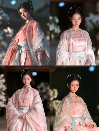 cinematic beauty portrait, romantic chinese xianxia film still. 洛樱仪，一位十八岁的修仙宗门少女，灵动俏皮、眉眼间带着一点不媚不俗的娇气。柔润的小鹅蛋脸，饱满面颊，圆柔下颌，淡而舒展的弯眉，眼尾微扬的清澈杏眼，深棕瞳孔，小巧圆润的鼻尖，唇形小巧清晰、唇色浅粉，细腻瓷白肌肤，不成熟、不稚气。浓密珊瑚粉色长发挽成古典高髻，额前与脸颊清爽无遮挡，鬓边一对青瓷玉花簪。身穿淡粉与月白渐变的交领仙侠裙：外层淡粉轻纱广袖衫，覆肩臂外侧、臂弯镂空，纱质通透，上有银色暗纹云纹刺绣，襟边缀珍珠；内层淡粉抹胸式短上衣，细肩带、肩背外显，下身高腰短襦露腰线，配及地大开衩长裙，腰系淡蓝丝绦配白玉佩，腿侧一枚宽腿环。衣物质感：薄纱通透、绸缎柔滑、玉石温润。近距离三分之二侧面的半身人物外观，头顶至腰部完整，肩背舒展，面容斜向镜头、目光仍看向镜头，唇线平静、眼底带一点俏皮。柔润天光均匀照亮清晰面容，乌发、白皙肤光与粉白衣料形成动人层次，宽袖映出细腻淡银光泽。身后深墨庭院、浅白花树与淡青月色柔柔虚化，面容是视觉中心。清冷、华美、从容而摄人的古典美人神采，真实精致的电影人像质感，柔和胶片色彩。not text, no watermark.