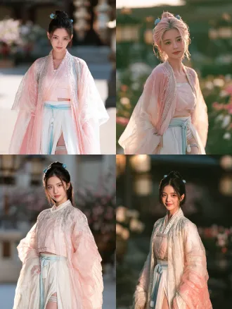 cinematic beauty portrait, romantic chinese xianxia film still. 洛樱仪，一位十八岁的修仙宗门少女，灵动俏皮、眉眼间带着一点不媚不俗的娇气。 柔润的小鹅蛋脸，饱满面颊，圆柔下颌，淡而舒展的弯眉，眼尾微扬的清澈杏眼，深棕瞳孔，小巧圆润的鼻尖，唇形小巧清晰、唇色浅粉，细腻瓷白肌肤，不成熟、不稚气。 浓密珊瑚粉色长发挽成古典高髻，额前与脸颊清爽无遮挡，鬓边一对青瓷玉花簪。 身穿淡粉与月白渐变的交领仙侠裙：外层淡粉轻纱广袖衫，覆肩臂外侧、臂弯镂空，纱质通透，上有银色暗纹云纹刺绣，襟边缀珍珠；内层淡粉抹胸式短上衣，细肩带、肩背外显，下身高腰短襦露腰线，配及地大开衩长裙，腰系淡蓝丝绦配白玉佩，腿侧一枚宽腿环。衣物质感：薄纱通透、绸缎柔滑、玉石温润。 近距离正面稍侧肩的半身人物外观，头顶至腰部完整，双肩舒展，面容朝向镜头，眉眼含笑、唇角微扬，像偷偷得逞一个调皮念头时忍不住的笑意。 面容是视觉中心，身后庭院花枝与宫灯柔润虚化，一束暖金天光落在眼部边缘，真实精致的电影人像质感，柔和胶片色彩，清透景深。not text, no watermark.