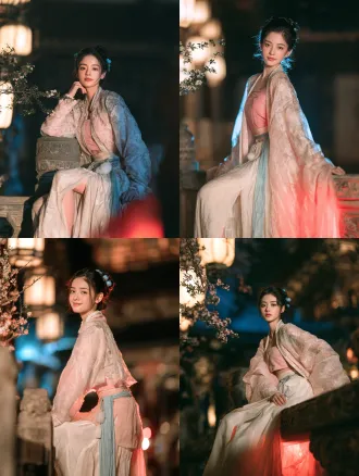 cinematic beauty portrait, romantic chinese xianxia film still. 洛樱仪，一位十八岁的修仙宗门少女，灵动俏皮、眉眼间带着一点不媚不俗的娇气。 柔润的小鹅蛋脸，饱满面颊，圆柔下颌，淡而舒展的弯眉，眼尾微扬的清澈杏眼，深棕瞳孔，小巧圆润的鼻尖，唇形小巧清晰、唇色浅粉，细腻瓷白肌肤，不成熟、不稚气。 浓密珊瑚粉色长发挽成古典高髻，额前与脸颊清爽无遮挡，鬓边一对青瓷玉花簪。 身穿淡粉与月白渐变的交领仙侠裙：外层淡粉轻纱广袖衫，覆肩臂外侧、臂弯镂空，纱质通透，上有银色暗纹云纹刺绣，襟边缀珍珠；内层淡粉抹胸式短上衣，细肩带、肩背外显，下身高腰短襦露腰线，配及地大开衩长裙，腰系淡蓝丝绦配白玉佩，腿侧一枚宽腿环。衣物质感：薄纱通透、绸缎柔滑、玉石温润。 半身坐姿，她坐在春夜庭院的雕花石栏旁，上身微微转向镜头，一条腿自然垂落、另一条腿轻收，肩膀放松，下颌略抬，眉眼含笑、双唇轻合。面容位于画面右侧，左侧展开被风吹斜的海棠花枝和远处宫灯，淡金披帛从肩后掀起，杏白宽袖形成柔软弧线。冷青夜光照亮面容，粉裙缘映出温暖红光，焦点落在双眼。not text, no watermark. not text, no watermark.