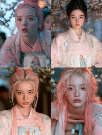 cinematic beauty portrait, romantic chinese xianxia film still. 洛樱仪，一位十八岁的修仙宗门少女，灵动俏皮、眉眼间带着一点不媚不俗的娇气。 柔润的小鹅蛋脸，饱满面颊，圆柔下颌，淡而舒展的弯眉，眼尾微扬的清澈杏眼，深棕瞳孔，小巧圆润的鼻尖，唇形小巧清晰、唇色浅粉，细腻瓷白肌肤，不成熟、不稚气。 浓密珊瑚粉色长发挽成古典高髻，额前与脸颊清爽无遮挡，鬓边一对青瓷玉花簪。 身穿淡粉与月白渐变的交领仙侠裙：外层淡粉轻纱广袖衫，覆肩臂外侧、臂弯镂空，纱质通透，上有银色暗纹云纹刺绣，襟边缀珍珠；内层淡粉抹胸式短上衣，细肩带、肩背外显，下身高腰短襦露腰线，配及地大开衩长裙，腰系淡蓝丝绦配白玉佩，腿侧一枚宽腿环。衣物质感：薄纱通透、绸缎柔滑、玉石温润。 特写人像，脸部完整占画面主体，额前与脸颊清爽无遮挡，眼睛大而明亮、眼中有自然高光，唇色浅玫瑰，皮肤白皙通透、可见细腻毛孔与微小雀斑般的自然痕迹。柔和高光溢出，冷蓝灰环境与少量朱砂暖光，浅景深，背景花枝完全失焦成柔和色块，焦点落在双眼。not text, no watermark. not text, no watermark.