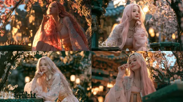 电影剧照级古风写实人像：一位十八岁的修仙宗门美少女，浓密珊瑚粉色长发（明确粉色调，不是黑发、不是紫发），发丝单根清晰、有丝绸光泽。灵动俏皮，眉眼间一点不媚不俗的娇气。柔润小鹅蛋脸，饱满面颊，圆柔下颌，淡而舒展的弯眉，眼尾微扬的清澈杏眼，深棕瞳孔，小巧圆润的鼻尖，唇形小巧清晰、唇色浅粉，瓷白肌肤带真实毛孔与次表面散射的红润，不成熟、不稚气。 身穿淡粉与暖金交领仙侠裙：外层淡粉与暖金轻纱广袖衫，覆肩臂外侧、臂弯镂空，纱质通透，上有银色暗纹云纹刺绣，襟边缀珍珠；内层淡粉抹胸式短上衣，细肩带、肩背外显，下身高腰短襦露腰线，配及地大开衩长裙，腰系暖金丝绦配白玉佩，腿侧一枚宽腿环。 中景偏广，黄昏的暖金庭院，她坐在海棠树下的青石棋桌旁，指尖拈一枚白子停在棋盘上方，下颌微抬看向镜头，唇角带一点俏皮笑意。夕阳斜射穿过花枝，在她肩头发梢打出金色轮廓光，身后雕梁画栋与檐下宫灯层叠虚化，庭院里有薄薄的金色浮尘。 电影摄影：35mm 电影镜头，宽银幕构图，浅景深，前景有虚化的花枝或纱幔作画框；体积光与丁达尔光束穿过空气尘埃，大气透视拉开纵深，主体有明确的暖色轮廓光；胶片颗粒细腻，电影调色（暖金与青蓝对比），暗部通透不死黑；织物可辨纤维与自然褶皱，玉石温润反光，木质与石材有真实磨损痕迹。 没有不自然的、密集的高光点。不要有过度的细碎模块重复的伪高细节。该简约的地方要简约。一切不需要细节的地方，都不要细节化处理。 not black hair, not dark hair, not brown hair, not purple hair, not plastic skin, not airbrushed, not flat lighting, not cosplay costume look, not cgi render, no text, no watermark.