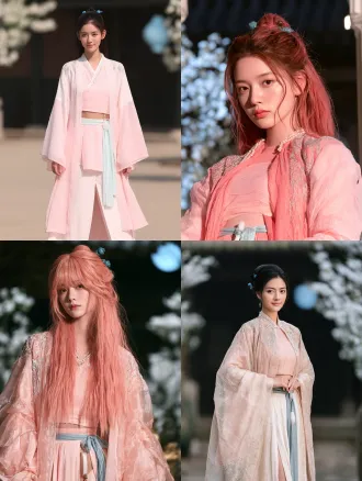cinematic beauty portrait, romantic chinese xianxia film still. 洛樱仪，一位十八岁的修仙宗门少女，灵动俏皮、眉眼间带着一点不媚不俗的娇气。 柔润的小鹅蛋脸，饱满面颊，圆柔下颌，淡而舒展的弯眉，眼尾微扬的清澈杏眼，深棕瞳孔，小巧圆润的鼻尖，唇形小巧清晰、唇色浅粉，细腻瓷白肌肤，不成熟、不稚气。 浓密珊瑚粉色长发挽成古典高髻，额前与脸颊清爽无遮挡，鬓边一对青瓷玉花簪。 身穿淡粉与月白渐变的交领仙侠裙：外层淡粉轻纱广袖衫，覆肩臂外侧、臂弯镂空，纱质通透，上有银色暗纹云纹刺绣，襟边缀珍珠；内层淡粉抹胸式短上衣，细肩带、肩背外显，下身高腰短襦露腰线，配及地大开衩长裙，腰系淡蓝丝绦配白玉佩，腿侧一枚宽腿环。衣物质感：薄纱通透、绸缎柔滑、玉石温润。 近距离三分之二侧面的半身人物外观，头顶至腰部完整，肩背舒展，面容斜向镜头、目光仍看向镜头，唇线平静、眼底带一点俏皮。 柔润天光均匀照亮清晰面容，乌发、白皙肤光与粉白衣料形成动人层次，宽袖映出细腻淡银光泽。身后深墨庭院、浅白花树与淡青月色柔柔虚化。not text, no watermark.