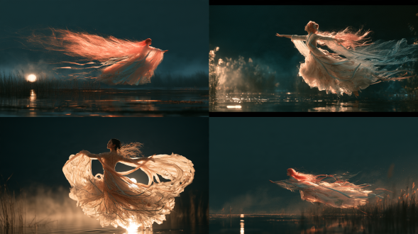 wide shot, moonlit night over still water. she leaps lightly forward, both arms spread, gauze sleeves, sashes and long hair streaming behind her, the gauze almost transparent in the moonlight, misty reeds at the water edge, the moon and her reflection in the dark water, vast negative space above. a young chinese xianxia heroine, 18 years old, slim healthy build, graceful shoulders with visible collarbones, elegant neck, slim waist, balanced hips, long legs. refined oval chinese face, tapered cheeks, gentle cheekbones, smooth forehead, soft jawline, rounded chin, small straight nose, thin delicate lips, curved eyebrows, almond eyes with plum-rose irises, calm attentive gaze, quiet warmth, composed confidence. porcelain-white skin with a healthy pink undertone, realistic texture, no heavy makeup. waist-length coral-pink hair, asymmetric part, long face-framing locks, temple sections swept back into symmetrical side loops, rear hair to the waist, silky ordered surface, separated three-dimensional locks, no frizz. matched symmetrical pale-celadon jade five-petal blossom hair clasps behind each ear with rose-pink silk knots. costume: flowing layered xianxia film robe in a romantic wuxia silhouette — a long layered lingering gown with crossed collar closure, wide dangling broad sleeves and sheer translucent gauze over-sleeves drifting weightlessly in the air, a soft waist sash with long trailing ribbons that float and swirl, multi-layer skirt with soft flowing petal hems and an opaque fitted layer beneath, blush-rose and pale-celadon and cream palette, delicate floral embroidery with silver-blue piping, silk and gauze with visible weave and flowing translucency, natural elegant drape. no machine parts, no mechanical core, no modern elements, no qixiong bodice, no armor, no corset. cinematic beauty portrait, romantic chinese wuxia film still, 35mm anamorphic lens, shallow depth of field with large creamy bokeh of lantern lights behind, strong backlight raking through the hair so every strand glows translucent, teal-and-amber colour grading with deep teal shadows and warm golden highlights, fine film grain, soft anamorphic lens flare, gentle highlight bloom, dark areas keeping detail, skin with visible pores, silk and gauze with visible weave and flowing translucency, no flat lighting, no plastic skin. 没有不自然的、密集的高光点。不要有过度的细碎模块重复的伪高细节。该简约的地方要简约。一切不需要细节的地方，都不要细节化处理。 not black hair, not dark hair, not brown hair, not purple hair, not orange hair, not full lips, not thick lips, not bee-stung lips, not western lips, not plastic skin, not airbrushed, not flat lighting, not cosplay costume look, not cgi render, no machine parts, no mechanical core, no text, no watermark.