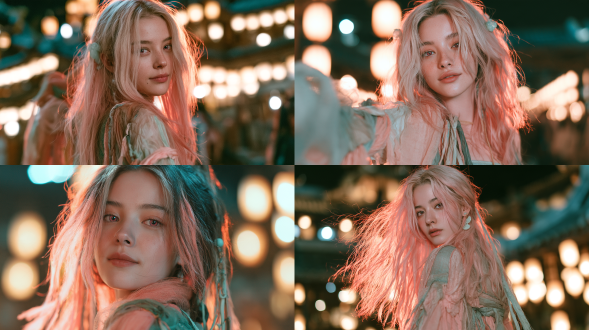 medium close-up, she turns back over her shoulder toward the lens, faint smile, gauze sleeves drifting, warm sea of lantern bokeh behind, night courtyard. young chinese xianxia heroine, 18, slim, refined oval face, tapered cheeks, small straight nose, thin delicate lips, almond eyes with plum-rose irises, waist-length coral-pink hair, face-framing locks, pale-celadon jade clasps behind each ear, porcelain-white skin. flowing layered xianxia gauze robe, crossed collar, broad dangling sleeves, sheer over-sleeves, waist sash with trailing ribbons, layered skirt, blush-rose and celadon palette, no machine parts. cinematic wuxia film still, teal-and-amber grading, lantern bokeh, backlit glowing hair, shallow depth of field, fine film grain. 没有不自然的、密集的高光点。不要有过度的细碎模块重复的伪高细节。该简约的地方要简约。一切不需要细节的地方，都不要细节化处理。 not black hair, not full lips, not thick lips, not plastic skin, not cgi, no machine parts, no text, no watermark.