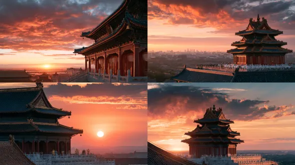 sunset, burning orange clouds behind the tower silhouette, the roofs rimmed in gold, deep teal shadows, dramatic sky. zuixianlou drunken immortal tower, a grand multi-tiered xianxia tavern. peacock-blue glazed tile roofs, upturned flying rafters, dense bracket sets, deep cinnabar-red lacquered vermilion columns with gold outline, broad multi-eaved roofs, gilded chiwen ridge-beasts holding bells, white-marble cloud-mica platform base, no spire. palette: peacock-blue, vermilion, gold only as thin line on ridges, brackets, plaque and lanterns, white-marble base, ink accents, cloud-white gauze lanterns. restrained nobility, lacquer luster, gold as line not area. cinematic architectural photography. 没有不自然的、密集的高光点。不要有过度的细碎模块重复的伪高细节。该简约的地方要简约。一切不需要细节的地方，都不要细节化处理。 no spire, no pagoda tip, no miniature, no anime, no 3d-render, no modern buildings, no large-area gold, no pale pink columns, no text, no watermark.