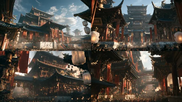grand ceremony, crimson banners and lanterns strung along the zuixianlou eaves, a festive crowd below, banner gold against peacock-blue. zuixianlou drunken immortal tower, a grand multi-tiered xianxia tavern. peacock-blue glazed tile roofs, upturned flying rafters, dense bracket sets, deep cinnabar-red lacquered vermilion columns with gold outline, broad multi-eaved roofs, gilded chiwen ridge-beasts holding bells, white-marble cloud-mica platform base, no spire. palette: peacock-blue, vermilion, gold only as thin line on ridges, brackets, plaque and lanterns, white-marble base, ink accents, cloud-white gauze lanterns. restrained nobility, lacquer luster, gold as line not area. cinematic architectural photography. 没有不自然的、密集的高光点。不要有过度的细碎模块重复的伪高细节。该简约的地方要简约。一切不需要细节的地方，都不要细节化处理。 no spire, no pagoda tip, no miniature, no anime, no 3d-render, no modern buildings, no large-area gold, no pale pink columns, no text, no watermark.