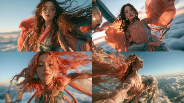 she rides the wind above a sea of clouds, sleeves and sashes streaming, dawn light, weightless and free. young chinese xianxia heroine, 18, slim, refined oval face, tapered cheeks, small straight nose, thin delicate lips, almond eyes with plum-rose irises, waist-length coral-pink hair, face-framing locks, pale-celadon jade clasps behind each ear, porcelain-white skin. flowing layered xianxia gauze robe, crossed collar, broad dangling sleeves, sheer over-sleeves, waist sash with trailing ribbons, layered skirt, blush-rose and celadon palette, no machine parts. cinematic wuxia film still, teal-and-amber grading, lantern bokeh, backlit glowing hair, shallow depth of field, fine film grain. 没有不自然的、密集的高光点。不要有过度的细碎模块重复的伪高细节。该简约的地方要简约。一切不需要细节的地方，都不要细节化处理。 not black hair, not full lips, not thick lips, not plastic skin, not cgi, no machine parts, no text, no watermark.
