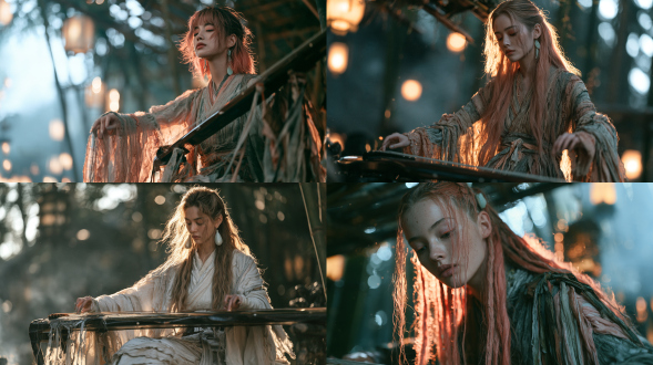 she plays a guqin in bamboo shadow, dappled light, serene, bamboo and mist, quiet morning. young chinese xianxia heroine, 18, slim, refined oval face, tapered cheeks, small straight nose, thin delicate lips, almond eyes with plum-rose irises, waist-length coral-pink hair, face-framing locks, pale-celadon jade clasps behind each ear, porcelain-white skin. flowing layered xianxia gauze robe, crossed collar, broad dangling sleeves, sheer over-sleeves, waist sash with trailing ribbons, layered skirt, blush-rose and celadon palette, no machine parts. cinematic wuxia film still, teal-and-amber grading, lantern bokeh, backlit glowing hair, shallow depth of field, fine film grain. 没有不自然的、密集的高光点。不要有过度的细碎模块重复的伪高细节。该简约的地方要简约。一切不需要细节的地方，都不要细节化处理。 not black hair, not full lips, not thick lips, not plastic skin, not cgi, no machine parts, no text, no watermark.