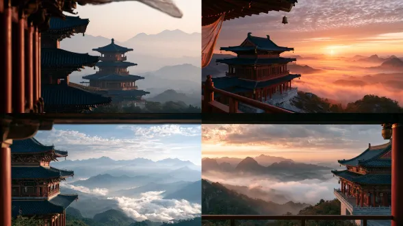 top-floor railing view, looking out over distant misty mountains, a gauze curtain lifting in the wind, the tower's highest eave in frame. zuixianlou drunken immortal tower, a grand multi-tiered xianxia tavern. peacock-blue glazed tile roofs, upturned flying rafters, dense bracket sets, deep cinnabar-red lacquered vermilion columns with gold outline, broad multi-eaved roofs, gilded chiwen ridge-beasts holding bells, white-marble cloud-mica platform base, no spire. palette: peacock-blue, vermilion, gold only as thin line on ridges, brackets, plaque and lanterns, white-marble base, ink accents, cloud-white gauze lanterns. restrained nobility, lacquer luster, gold as line not area. cinematic architectural photography. 没有不自然的、密集的高光点。不要有过度的细碎模块重复的伪高细节。该简约的地方要简约。一切不需要细节的地方，都不要细节化处理。 no spire, no pagoda tip, no miniature, no anime, no 3d-render, no modern buildings, no large-area gold, no pale pink columns, no text, no watermark.