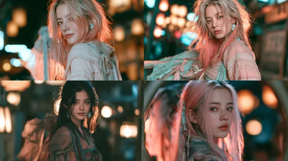 she turns back with a faint smile over her shoulder, gauze sleeves lifting, warm lantern bokeh behind, teal-amber night. young chinese xianxia heroine, 18, slim, refined oval face, tapered cheeks, small straight nose, thin delicate lips, almond eyes with plum-rose irises, waist-length coral-pink hair, face-framing locks, pale-celadon jade clasps behind each ear, porcelain-white skin. flowing layered xianxia gauze robe, crossed collar, broad dangling sleeves, sheer over-sleeves, waist sash with trailing ribbons, layered skirt, blush-rose and celadon palette, no machine parts. cinematic wuxia film still, teal-and-amber grading, lantern bokeh, backlit glowing hair, shallow depth of field, fine film grain. 没有不自然的、密集的高光点。不要有过度的细碎模块重复的伪高细节。该简约的地方要简约。一切不需要细节的地方，都不要细节化处理。 not black hair, not full lips, not thick lips, not plastic skin, not cgi, no machine parts, no text, no watermark.