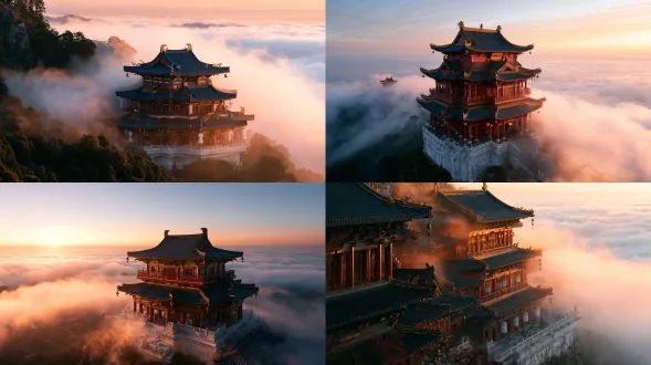 dawn, purple-gold mist coiling around the zuixianlou terraces, the tower emerging from low cloud, peacock-blue roofs half-veiled, volumetric morning light. zuixianlou drunken immortal tower, a grand multi-tiered xianxia tavern. peacock-blue glazed tile roofs, upturned flying rafters, dense bracket sets, deep cinnabar-red lacquered vermilion columns with gold outline, broad multi-eaved roofs, gilded chiwen ridge-beasts holding bells, white-marble cloud-mica platform base, no spire. palette: peacock-blue, vermilion, gold only as thin line on ridges, brackets, plaque and lanterns, white-marble base, ink accents, cloud-white gauze lanterns. restrained nobility, lacquer luster, gold as line not area. cinematic architectural photography. 没有不自然的、密集的高光点。不要有过度的细碎模块重复的伪高细节。该简约的地方要简约。一切不需要细节的地方，都不要细节化处理。 no spire, no pagoda tip, no miniature, no anime, no 3d-render, no modern buildings, no large-area gold, no pale pink columns, no text, no watermark.