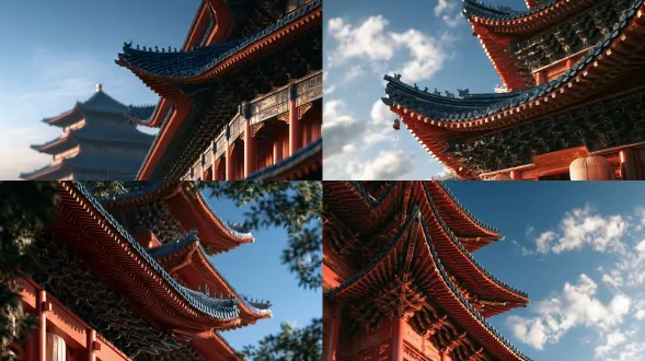 close-up of an upturned eave corner, peacock-blue glazed tiles, dense bracket sets touched with gold, a gilded chiwen silhouetted against the sky. zuixianlou drunken immortal tower, a grand multi-tiered xianxia tavern. peacock-blue glazed tile roofs, upturned flying rafters, dense bracket sets, deep cinnabar-red lacquered vermilion columns with gold outline, broad multi-eaved roofs, gilded chiwen ridge-beasts holding bells, white-marble cloud-mica platform base, no spire. palette: peacock-blue, vermilion, gold only as thin line on ridges, brackets, plaque and lanterns, white-marble base, ink accents, cloud-white gauze lanterns. restrained nobility, lacquer luster, gold as line not area. cinematic architectural photography. 没有不自然的、密集的高光点。不要有过度的细碎模块重复的伪高细节。该简约的地方要简约。一切不需要细节的地方，都不要细节化处理。 no spire, no pagoda tip, no miniature, no anime, no 3d-render, no modern buildings, no large-area gold, no pale pink columns, no text, no watermark.