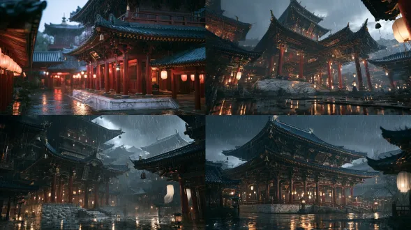 heavy rain, wet cinnabar lacquer columns gleaming with reflections, rain streaking off the peacock-blue roofs, puddles mirroring the lanterns. zuixianlou drunken immortal tower, a grand multi-tiered xianxia tavern. peacock-blue glazed tile roofs, upturned flying rafters, dense bracket sets, deep cinnabar-red lacquered vermilion columns with gold outline, broad multi-eaved roofs, gilded chiwen ridge-beasts holding bells, white-marble cloud-mica platform base, no spire. palette: peacock-blue, vermilion, gold only as thin line on ridges, brackets, plaque and lanterns, white-marble base, ink accents, cloud-white gauze lanterns. restrained nobility, lacquer luster, gold as line not area. cinematic architectural photography. 没有不自然的、密集的高光点。不要有过度的细碎模块重复的伪高细节。该简约的地方要简约。一切不需要细节的地方，都不要细节化处理。 no spire, no pagoda tip, no miniature, no anime, no 3d-render, no modern buildings, no large-area gold, no pale pink columns, no text, no watermark.