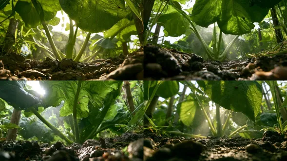 下面是适配 9:16竖屏 的写实巨物美学提示词，重点强化纵向高耸感。 写实巨物美学｜菜园·小人视角 9:16竖屏版 正向提示词 写实动物摄影，微观巨物美学，借东西小人的极低机位仰视视角，镜头紧贴泥土地面，竖向画面强调植物向上生长的高耸压迫感。画面采用纵向三分构图与框架式构图：前景为粗糙巨大的泥土颗粒、细小石子和湿润泥裂，贴近镜头并占据画面下方约四分之一，形成强烈尺度参照；中景是一株巨型青菜或高大杂草，宽厚菜叶从画面上方垂落，粗壮菜梗像树干一样从地面向上延伸，占据画面中央主要空间，叶脉纹理真实清晰，叶片边缘悬挂晶莹露珠；背景远处有高耸的篱笆木桩和细长草茎，位于画面左右两侧，形成天然竖向画框，将视线引向画面中心的巨型菜叶。清晨柔和侧逆光从画面上方叶隙射入，形成自然丁达尔光束，空气中漂浮细微水雾和尘埃，一只瓢虫或蚂蚁在巨大叶面缓慢爬行，焦点落在中层叶脉与露珠上，前景泥土轻微虚化，远景柔和散焦。低饱和莫兰迪绿色调，柔和自然光，真实植物材质，细腻湿润的泥土反光，浅景深，电影感摄影，宏大压迫感与温柔治愈感并存，画面安静清新、充满生机，稳定固定机位，无倾斜镜头。 负面提示词 卡通，动漫，手绘，吉卜力，绘本，插画，q版，玩具模型，微缩摄影造假感，塑料植物，虚假材质，夸张拟人，恐怖阴森，灾难片，怪兽，巨型人类，脏乱垃圾，文字水印，强闪光，高饱和色彩，过度锐化，ai塑料质感，广角畸变严重，画面杂乱，主体被压扁，横向宽银幕构图，倾斜旋转镜头