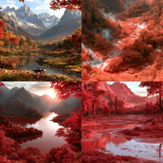 moebius风格，极繁主义，俯拍群山，蜿蜒小河，秋日山野，枫叶红主色调，明亮鲜艳，森林秘境，童话氛围，虚幻6渲染，细节完美，浪漫温馨，广角镜头，高饱和色彩，柔和漫射光。