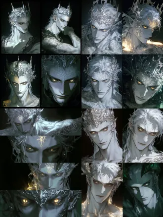 ❶half-body character portrait, lean tall young man, cold porcelain pale skin, long silver-white hair with polar cold sheen, wearing an intricate silver filigree crown, sharp cold refined features, narrow elongated eyes, molten gold vertical slit pupils, faint pale-gold fine pattern on forehead between brows, relaxed face with distant detached gaze, one arm covered in dense intricate tattoo sleeve, wiry lean build no bulky muscle, restrained strength, cold color palette, cinematic lighting, high detail, dark plain background