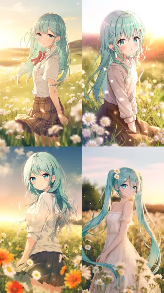 anime girl with aqua hair, meadow full of flowers, golden hour soft light, cinematic shot