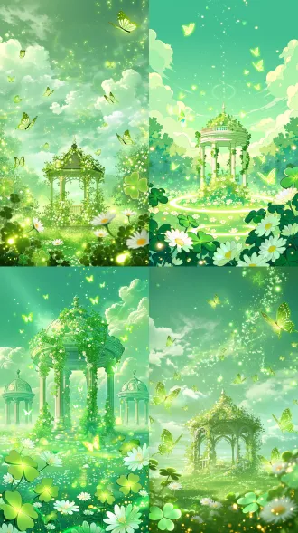 梦幻唯美的魔法花园场景，以薄荷绿和翡翠绿为主色调。天空有发光的浅绿色云彩和飞舞的发光绿色蝴蝶。画面中央有一个被绿色藤蔓和白色花朵缠绕的华丽欧式凉亭。周围簇拥着发光的绿色四叶草和白色小雏菊。前景有发光的绿色光晕和金色粒子。整体风格梦幻、二次元、游戏招募海报背景，画面留白多，适合居中排版文字，唯美插画风格，8k分辨率，细节丰富，清新治愈。
