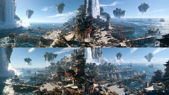 high aerial bird's-eye panoramic view, grand ancient chinese xianxia sea trading port, clear sunny cloudless blue sky with a few wispy white clouds, two small floating islands hanging in mid-air, floating islands covered with green plants and tiny waterfalls, ethereal mist. large wide stone dock plaza, multiple outward-extending t-shaped wooden pile trestle berths, many ancient chinese wooden sailboats moored beside trestles. buildings close to sea level, ancient chinese dwellings and multi-story pavilions, red lanterns hanging under eaves, wooden barrels, sacks, cargo boxes, fishing nets and ropes stacked on dock, market canvas awnings. vast surging blue ocean, ancient sailing ships sailing on the sea, distant sea horizon, huge waterfall cascading down from cliff on the left, bright midday sunlight, sparkling sea surface, cinematic cg render, 8k ultra-detailed, pbr physical material, atmospheric perspective, depth of field, bustling fairy harbor atmosphere, no watermark