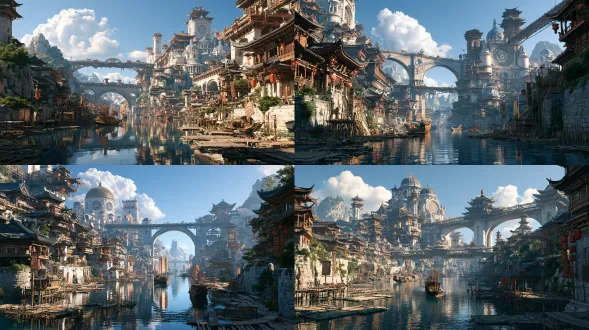 a grand sino-western fantasy water city, layered chinese curved-eave wooden pavilions fused with european domes and rose-window towers, giant stone arch bridges and sky wooden walkways crossing the complex, buildings connected by wooden streets, bridges and terraces. floating plank roads, wooden trestles, floating platforms and pile docks cover the foreground canal, with ancient chinese junks and barges sailing through. red lanterns, wooden signs, stone embankments and greenery line both banks, distant peaks rising under a bright blue sky with fluffy clouds, clear building reflections in the water, wide-angle panoramic view, chinese fantasy concept art, cinematic lighting, 8k, ultra-detailed, pbr textures, grand epic scene