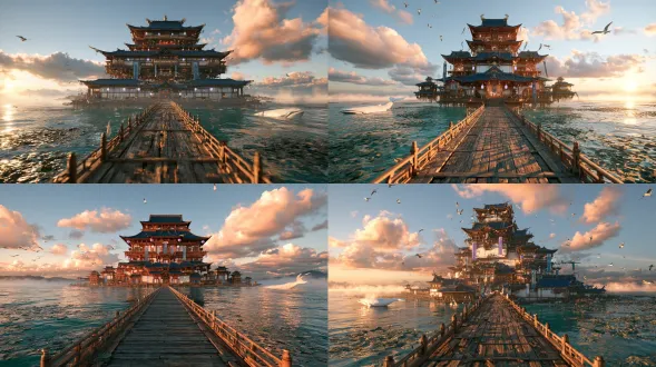8k, ultra detailed, unreal engine 5, path tracing, cinematic lighting, masterpiece, best quality, fantasy oriental architecture, stacked modular building like tetris blocks, multi-layered ancient east asian wooden building, dark blue curved roof, brown wood structure, white wall, hanging purple lanterns and blue banners, giant floating sea manor, built on the sea, turquoise sea water, lotus leaves floating on water, long wooden plank bridge leading to the building, wooden railings, soft sunrise sunset sky, fluffy pink and white clouds, seagulls flying, white whale swimming in sea, mist on horizon, depth of field, wide shot, game scene concept art, realistic render
