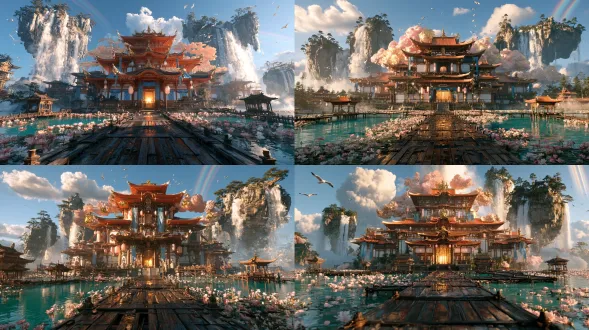 8k, ultra detailed, photorealistic, masterpiece, best quality, absurdres, unreal engine 5, path tracing, global illumination, natural daylight, cinematic soft lighting, physically based rendering, subsurface scattering, sharp focus, depth of field, wide-angle first-person pov shot, fantasy oriental chinese xianxia scene, grand multi-tiered ancient chinese palace manor, stacked modular traditional wooden building, warm orange-red glazed curved upturned eaves roof, delicate golden roof ornaments, warm brown log wood frame structure, smooth white plaster wall, intricate wood carvings on beams and brackets, hanging round pink lanterns, long blue vertical silk banners, the interior of the palace windows and attics are brightly lit, warm golden light radiates outward from inside the building, the manor stands on turquoise clear lake, countless pink and white blooming lotus flowers and round green lotus leaves floating all over the water surface, wide long solid wooden plank bridge without railings extends straight to the main palace gate in foreground, wet dark wood texture with subtle sunlight and lamplight reflection on surface, smaller auxiliary wooden pavilions scattered on lake around main building, floating wooden plank walkways between every house and pavilion as connecting roads, background: multiple giant floating rocky immortal islands suspended in sky, covered with green pine trees and shrubs, massive towering cascading sky waterfalls pouring down from cliff of floating islands, water splashes and thin mist around waterfalls, clear bright sunny day, bright blue sky, stylized auspicious chinese cloud, soft gradient pink and golden flowing auspicious clouds swirling and wrapping around the main palace, auspicious cloud patterns with smooth curving shape, fluffy cumulus clouds spread across sky, seagulls gliding and flying in the air, faint soft double rainbow stretch between floating islands, light wispy mist hovering above lake surface, gentle water ripples, atmospheric perspective, subtle volumetric fog, epic fantasy atmosphere, game scene concept art, environment design, overall warm tone, vibrant rich color, exquisite texture, natural soft shadow