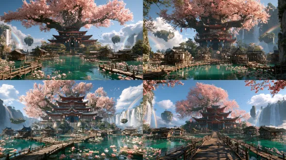masterpiece, best quality, 8k, ultra-detailed, photorealistic, cinematic shot, unreal engine 5, path tracing, global illumination, bright sunny daytime, clear blue sky, strong clean daylight, grand ancient chinese multi-tiered palace with upturned eaves at center, red roof, hanging pink lanterns, no blue silk curtains, dark gate without inner glow, giant ancient peach blossom tree behind the palace, pink peach blossoms, petals with faint soft glow, branches do not heavily wrap the building, many simple ancient wooden folk houses floating on turquoise lake, winding crisscross wooden plank roads connect all houses, wooden railings, lake full of pink and white lotus flowers, clear emerald water, reflections, small floating rock islands in background, waterfalls on cliffs, soft rainbows appear in waterfall mist, rainbows on both sides, fluffy clouds, flying birds, depth of field, epic xianxia fantasy atmosphere