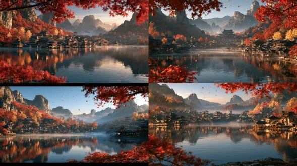 wide panoramic shot, ancient chinese lakeside village, the vast calm lake is the main focus of the frame, soft morning mist hovering over the lake surface, clear water reflecting autumn trees and ancient buildings. dense clusters of small-to-medium traditional east asian architecture, dark tiled roofs, upturned eaves, waterside pavilions and wooden houses, buildings are compact, forming a continuous ancient town along the lake, no oversized main palace. gentle grey karst mountains surround the valley, slopes covered with dense autumn foliage, blazing red maple trees, golden ginkgo, orange maple mixed together. foreground red maple branches, maple leaves slowly falling and drifting in the air. soft diffused morning light, thin mist drifting through valley and lake, serene xianxia aesthetic. cinematic wide-angle composition, natural depth of field, atmospheric haze on distant mountains, lumen global illumination, path tracing, pbr physically based rendering, 8k, hdr, ultra-detailed, aces color grading, soft low contrast, clean and transparent, no snow, autumn landscape, aaa game cg quality.