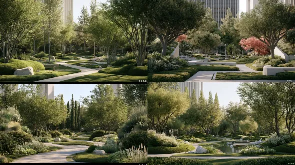 把图1的植物感受，包括两面高起来的植物，融合进图2的场景中，重新生成景观效果图，效果图以图1的视角呈现