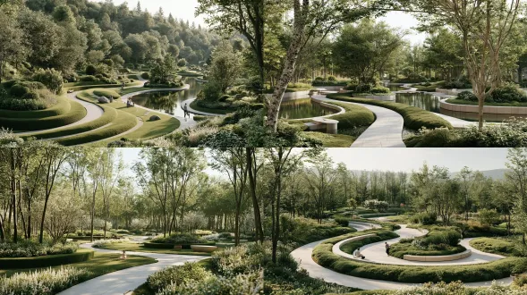 把图1的植物感受，包括两面高起来的植物，融合进图2的场景中，重新生成景观效果图，效果图以图1的视角呈现，保留图1的设计，丰富整个公园的植物场景