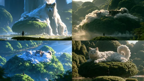 surreal photorealistic artwork, a giant silver-shaded cat (silver chinchilla, silver-tipped fur, round flat face, green-gold eyes) and a giant brindle akita dog (sturdy frame, thick double coat, curled tail, brindle striped coat), both formed as fluffy clouds, floating and lounging together on top of a dense round green tree canopy, a tiny human figure in dark clothing standing on another tree canopy below looking up, background of rounded lush trees, a calm water surface and distant tiny figures, soft dreamy tones, extreme scale contrast breaking the laws of physics, quiet surreal fairytale atmosphere, soft daylight, human-eye photography, high detail ... no text, no watermark, no distorted animal, no warped trees, no extra floating objects, no cartoon style