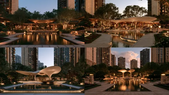 modern haipai (shanghai-style) central courtyard water garden in a premium residential community, framed by elegant residential towers with beige travertine, dark brown and charcoal grey facades, enclosed introverted courtyard. at the center, a sculptural reception pavilion with flowing organic curves: a sweeping white stone and bronze canopy with a fluid, ribbon-like, wave-shaped roof, slender curved columns, cantilevered eaves, zaha-inspired fluid architecture softened by classical haipai detailing. the pavilion floats above a large calm reflecting pool, surrounded by cascading water steps and a narrow mirror-water moat echoing its curved footprint. symmetrical axial stone walkways and parterre beds radiate from the pavilion. retro old-money atmosphere: aged stone columns and balustrades, classic brass lanterns, deep emerald green and antique burgundy planting accents, dark bronze metal details, sculpted topiary and mature specimen trees. warm bronze-glow lighting at dusk, gentle reflections on still water. luxurious, refined, heavy, heritage-quality, high-end demonstration area, photorealistic architectural landscape rendering, ultra-detailed, 4k. cheap modern, boxy rigid pavilion, straight flat roof, plastic, toy-like, cluttered, weeds, low-poly, cartoon, distorted perspective, missing reflections, oversaturated, glassy skyscrapers breaking composition, kitsch, gaudy, low quality, blurry, text, watermark