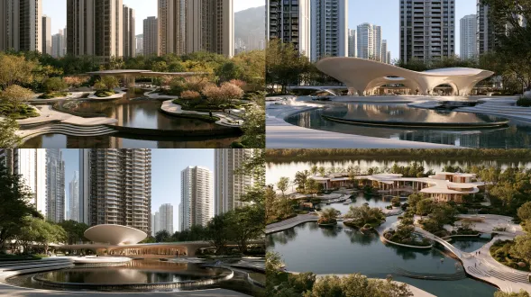 modern haipai (shanghai-style) grand central courtyard in a premium high-rise residential community, photorealistic architectural landscape rendering, slightly elevated eye-level view. fluid curved site plan weaving water features through the space: a large curved reflecting pool, flowing channels and low cascading steps, with clear functional zoning of water court, walkways, terraces and rest nodes. at the center, a future-retro reception pavilion in zaha-style organic natural form: sweeping sculptural curves and fluid seamless surfaces, with a grand circulation route that organically weaves through an integrated colonnade . sweeping sculptural curves, fluid seamless surfaces, continuous organic shell gentle reflections on still water. luxurious, refined, heavy, heritage-quality, high-end demonstration area, ultra-detailed, 4k. grand circulation weaving through an integrated colonnade, arcade as circulation spine curved reflecting pool, flowing channels, serpentine water edge, cascading steps curtain, plastic, toy-like, cluttered, weeds, low-poly, distorted clear zoning: water court, promenade, terraces, rest nodes