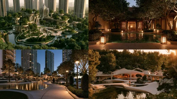 modern gaudí-style grand central courtyard in a premium high-rise residential community, photorealistic architectural landscape rendering, slightly elevated eye-level view. fluid curved site plan weaving water features through the space with clear functional zoning of water court, walkways, terraces and rest nodes. multi-level floating terraces reconstruct the plan into a multi-dimensional vertical field: interlocking platforms, intersecting elevated walkways and trees build overlapping levels, while water, forest, terraces and colonnade interpenetrate seamlessly. at the center, a future-retro reception pavilion in organic gaudí-inspired form: biomorphic curved volumes, flowing nature-inspired columns, and subtle trencadís mosaic accents, with a grand circulation route weaving through an integrated classical colonnade acting as the circulation spine. retro old-money refinement: aged travertine, dark bronze, muted jade-green and antique burgundy mosaic accents, warm brass lanterns, sculpted topiary and mature specimen trees. soft bronze-glow side lighting at dusk, gentle reflections on still water. luxurious, refined, heavy, heritage-quality, high-end demonstration area, ultra-detailed, 4k. plain rectangular block, cubic box, flat flat roof, cartoonish colorful gaudy, thin fabric curtain, plastic, toy-like, cluttered, weeds, low-poly, distorted perspective, oversaturated, kitsch, gaudy, blurry, text, watermark, people