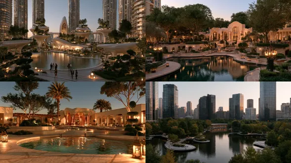 modern gaudí-style grand central courtyard in a premium high-rise residential community, photorealistic architectural landscape rendering, slightly elevated eye-level perspective. fluid curved site plan weaving water features through the space with clear functional zoning of water court, walkways, terraces and rest nodes. multi-level floating terraces reconstruct the plan into a multi-dimensional vertical field: interlocking platforms, intersecting elevated walkways and trees build overlapping levels, while water, forest, terraces and colonnade interpenetrate seamlessly. at the center, a future-retro reception pavilion in organic gaudí-inspired form: biomorphic curved volumes, flowing nature-inspired columns, and subtle trencadís mosaic accents, with a grand circulation route weaving through an integrated classical colonnade acting as the circulation spine. retro old-money refinement: aged travertine, dark bronze, muted jade-green and antique burgundy mosaic accents, warm brass lanterns, sculpted topiary and mature specimen trees. soft bronze-glow side lighting at dusk, gentle reflections on still water. luxurious, refined, heavy, heritage-quality, high-end demonstration area, ultra-detailed, 4k. plain rectangular block, cubic box, flat flat roof, cartoonish colorful gaudy, thin fabric curtain, plastic, toy-like, cluttered, weeds, low-poly, distorted perspective, oversaturated, kitsch, gaudy, blurry, text, watermark, people