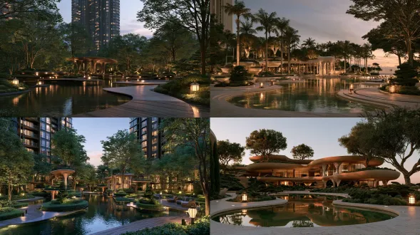 modern gaudí-style grand central courtyard in a premium high-rise residential community, photorealistic architectural landscape rendering, slightly elevated eye-level perspective. fluid curved site plan weaving water features through the space with clear functional zoning of water court, walkways, terraces and rest nodes. multi-level floating terraces reconstruct the plan into a multi-dimensional vertical field: interlocking platforms, intersecting elevated walkways and trees build overlapping levels, while water, forest, terraces and colonnade interpenetrate seamlessly. at the center, a future-retro reception pavilion in organic gaudí-inspired form: biomorphic curved volumes, flowing nature-inspired columns, and subtle trencadís mosaic accents, with a grand circulation route weaving through an integrated classical colonnade acting as the circulation spine. retro old-money refinement: aged travertine, dark bronze, muted jade-green and antique burgundy mosaic accents, warm brass lanterns, sculpted topiary and mature specimen trees. soft bronze-glow side lighting at dusk, gentle reflections on still water. luxurious, refined, heavy, heritage-quality, high-end demonstration area, ultra-detailed, 4k. plain rectangular block, cubic box, flat flat roof, cartoonish colorful gaudy, thin fabric curtain, plastic, toy-like, cluttered, weeds, low-poly, distorted perspective, oversaturated, kitsch, gaudy, blurry, text, watermark, people