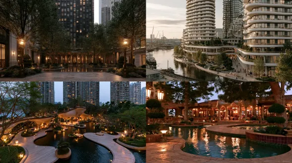 modern gaudí-style grand central courtyard in a premium high-rise residential community, photorealistic architectural landscape rendering, slightly elevated eye-level view. fluid curved site plan weaving water features through the space with clear functional zoning of water court, walkways, terraces and rest nodes. multi-level floating terraces reconstruct the plan into a multi-dimensional vertical field: interlocking platforms, intersecting elevated walkways and trees build overlapping levels, while water, forest, terraces and colonnade interpenetrate seamlessly. at the center, a future-retro reception pavilion in organic gaudí-inspired form: biomorphic curved volumes, flowing nature-inspired columns, and subtle trencadís mosaic accents, with a grand circulation route weaving through an integrated classical colonnade acting as the circulation spine. retro old-money refinement: aged travertine, dark bronze, muted jade-green and antique burgundy mosaic accents, warm brass lanterns, sculpted topiary and mature specimen trees. soft bronze-glow side lighting at dusk, gentle reflections on still water. luxurious, refined, heavy, heritage-quality, high-end demonstration area, ultra-detailed, 4k. modern gaudí-style grand central courtyard in a premium high-rise residential community, photorealistic architectural landscape rendering, slightly elevated eye-level view. fluid curved site plan weaving water features through the space with clear functional zoning of water court, walkways, terraces and rest nodes. multi-level floating terraces reconstruct the plan into a multi-dimensional vertical field: interlocking platforms, intersecting elevated walkways and trees build overlapping levels, while water, forest, terraces and colonnade interpenetrate seamlessly. at the center, a future-retro reception pavilion in organic gaudí-inspired form: biomorphic curved volumes, flowing nature-inspired columns, and subtle trencadís mosaic accents, with a grand circulation route weaving through an integrated classical colonnade acting as the circulation spine. retro old-money refinement: aged travertine, dark bronze, muted jade-green and antique burgundy mosaic accents, warm brass lanterns, sculpted topiary and mature specimen trees. soft bronze-glow side lighting at dusk, gentle reflections on still water. luxurious, refined, heavy, heritage-quality, high-end demonstration area, ultra-detailed, 4k.