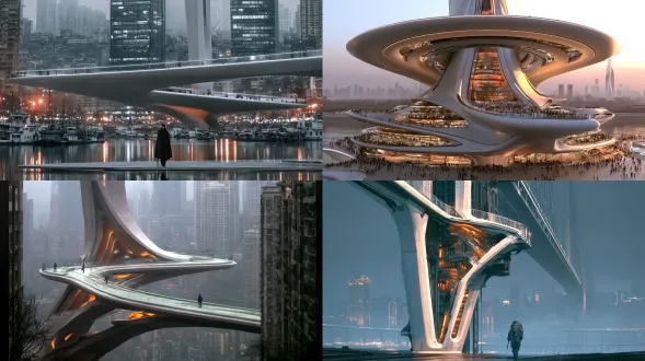 masterpiece architectural rendering, a cantilevered viewing platform over the jialing river. ultra-thin white structural profile, curved frameless clear glass balustrades. smooth light-grey architectural concrete. distant city shrouded in cool-toned morning mist. low saturation, cinematic melancholic atmosphere, 8k, extreme minimalism.