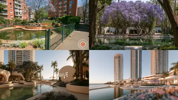 a natural eye-level garden view from the dry path, keeping shallow water and low planting in the foreground and an open lounge among spaced focal forms. a contemporary high-rise residential community. an intimate high-rise residential garden of softly rounded pale terraces stepping around one sunken lounge, with narrow water and restrained violet planting woven between them. several differently sized pale rounded terraces interlocking at buildable levels, led by one main lounge platform and quieter secondary platforms. a shallow low-saturation gray-green water court with soft reflections, rounded edges and a clearly dry walking route, without a fountain centerpiece. one mature jacaranda as the primary canopy, open branching and restrained violet-blue blossom, used only where the local warm climate supports healthy growth. restrained drifts of muted violet and lavender flowers with silver-gray foliage, concentrated around terraces rather than becoming a continuous purple field. warm ivory stone with broad rounded corners, matte mineral grain, believable slab thickness and precise recessed joints, never glossy or paper thin. soft natural daylight, controlled highlights and readable shadows. one clear focal point, quiet supporting elements, believable human scale and material junctions. architectural editorial photography, natural colour and tactile clean finishes