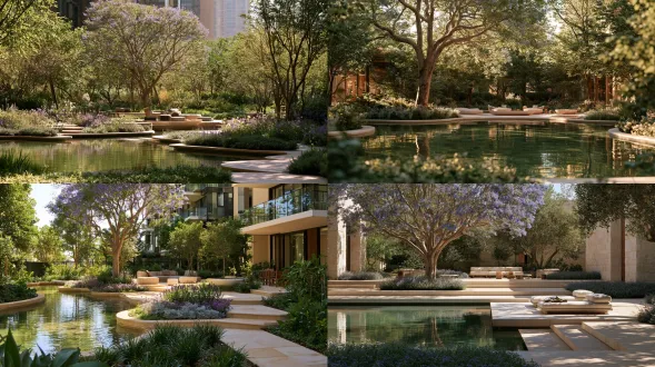 a natural eye-level garden view from the dry path, keeping shallow water and low planting in the foreground and an open lounge among spaced focal forms. a contemporary high-rise residential community. an intimate high-rise residential garden of softly rounded pale terraces stepping around one sunken lounge, with narrow water and restrained violet planting woven between them. several differently sized pale rounded terraces interlocking at buildable levels, led by one main lounge platform and quieter secondary platforms. a shallow low-saturation gray-green water court with soft reflections, rounded edges and a clearly dry walking route, without a fountain centerpiece. one mature jacaranda as the primary canopy, open branching and restrained violet-blue blossom, used only where the local warm climate supports healthy growth. restrained drifts of muted violet and lavender flowers with silver-gray foliage, concentrated around terraces rather than becoming a continuous purple field. warm ivory stone with broad rounded corners, matte mineral grain, believable slab thickness and precise recessed joints, never glossy or paper thin. soft natural daylight, controlled highlights and readable shadows. one clear focal point, quiet supporting elements, believable human scale and material junctions. architectural editorial photography, natural colour and tactile clean finishes